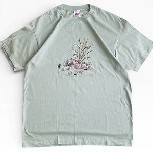 Vintage Anvil Sea Foam Green Cotton Embroidered Turtle Pond Cattails Tee T-Shirt